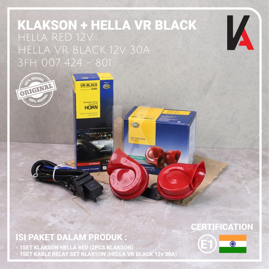 KLAKSON MOBIL MOTOR HELLA KEONG RED TWIN TONE HORN 12V + KABEL RELAY SET ORIGINAL