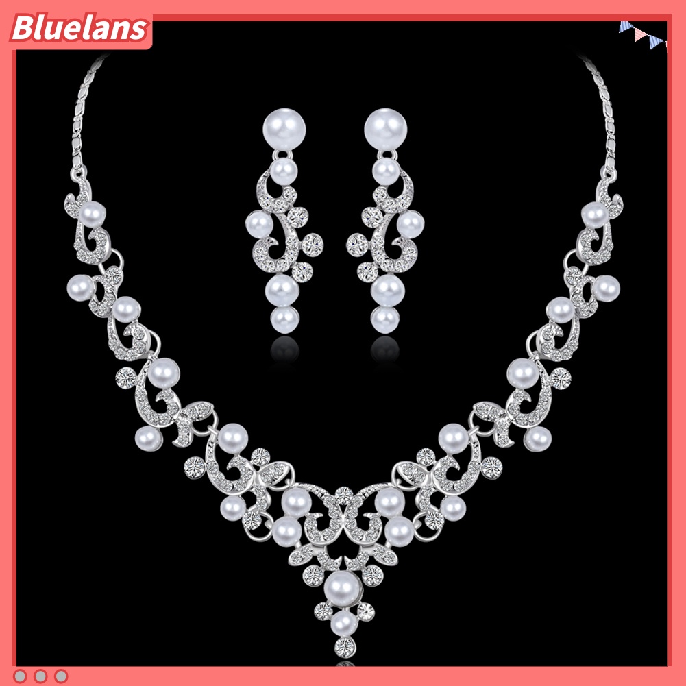 Bluelans Fashion Alloy Rhinestone Faux Pearl Necklace Earrings Women Bride Jewelry Set