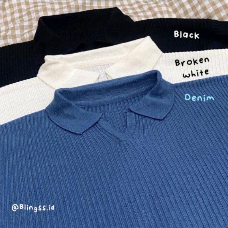 [BISA COD] Geani Crop Blouse / Atasan Wanita Berkerah Polo / Naomi Polo Knit Atasan Crop Top / Sweater Rajut Kerah Wanita Polos