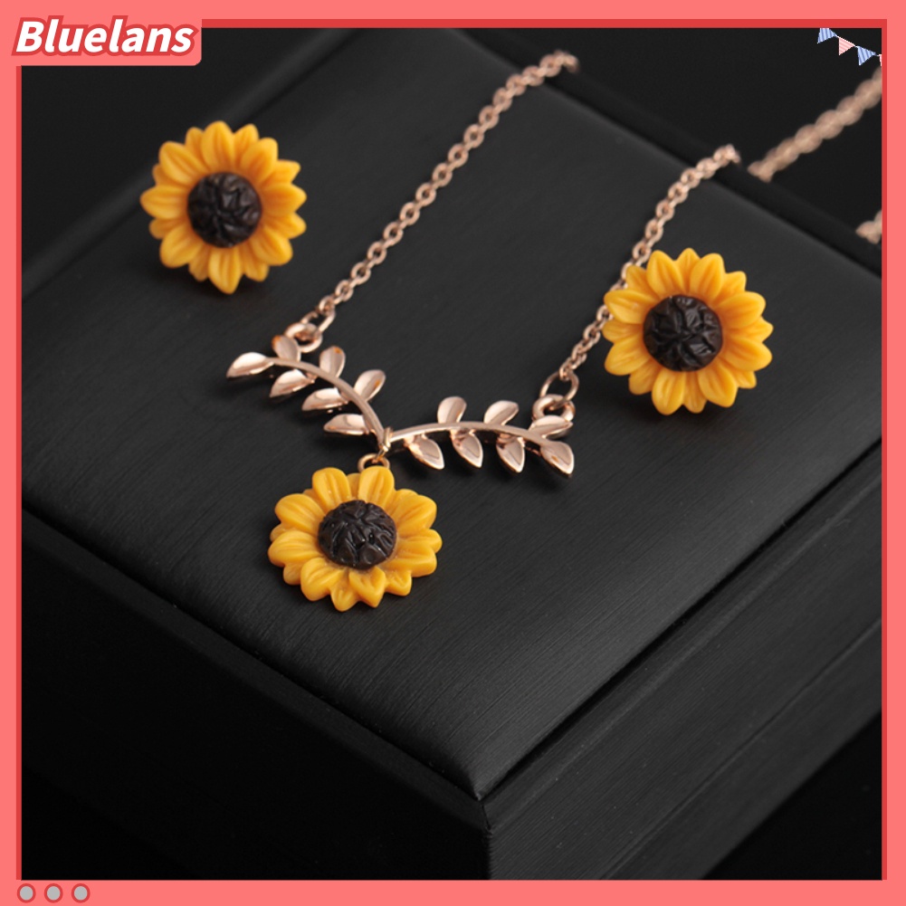 Bluelans Cute Sunflower Leaves Pendant Ear Studs Earrings Necklace Women Jewelry Set Gift