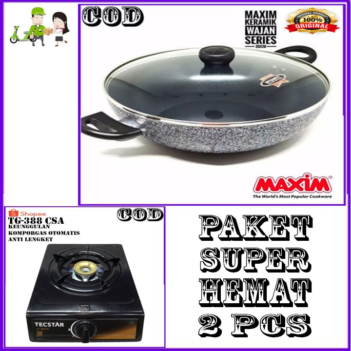 MAXIM CERAMIC WOK 30 CM TUTUP KACA ORI + KOMPOR TS 1 TUNGKU BERGARANSI RESMI