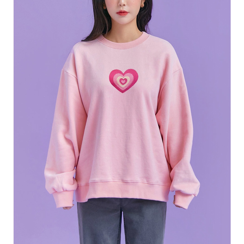 Sweater Wanita Heart Beat - Bordir - Cute Korean Style Crewneck Sweatshirt Lucu - Baju Wanita - Bahan Fleece - Allsize - Sweater Love Sign Terlaris