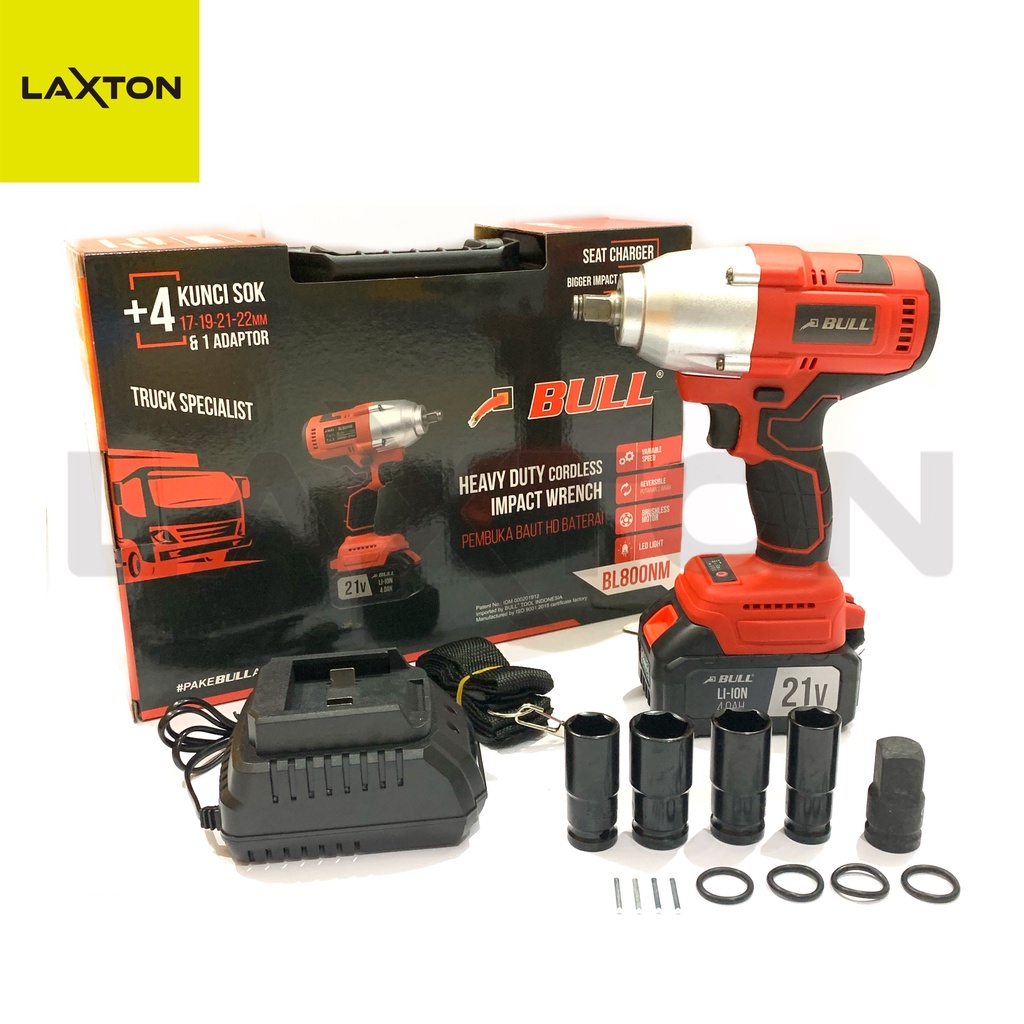 Bull Mesin Pembuka Baut Truk Impact Wrench Cordless Baterai HEAVY DUTY BL800NM