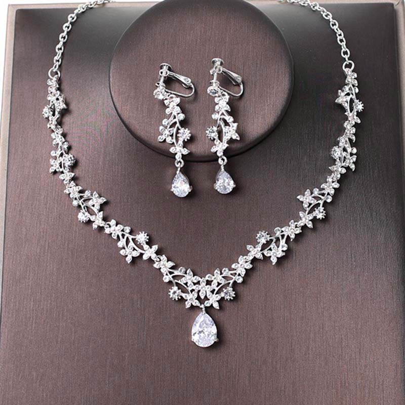 Exquisite Zircon Necklace Ear Clip/Earring Set Forest Series Necklace Bride Jewelry Wedding Evening Dress Accessories