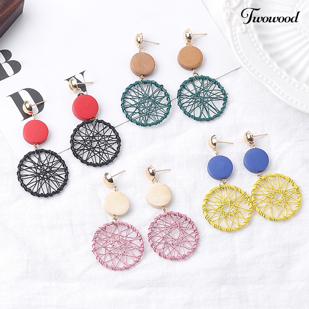 Anting Stud Bentuk Bulat Bahan Kayu Gaya Vintage Untuk Wanita