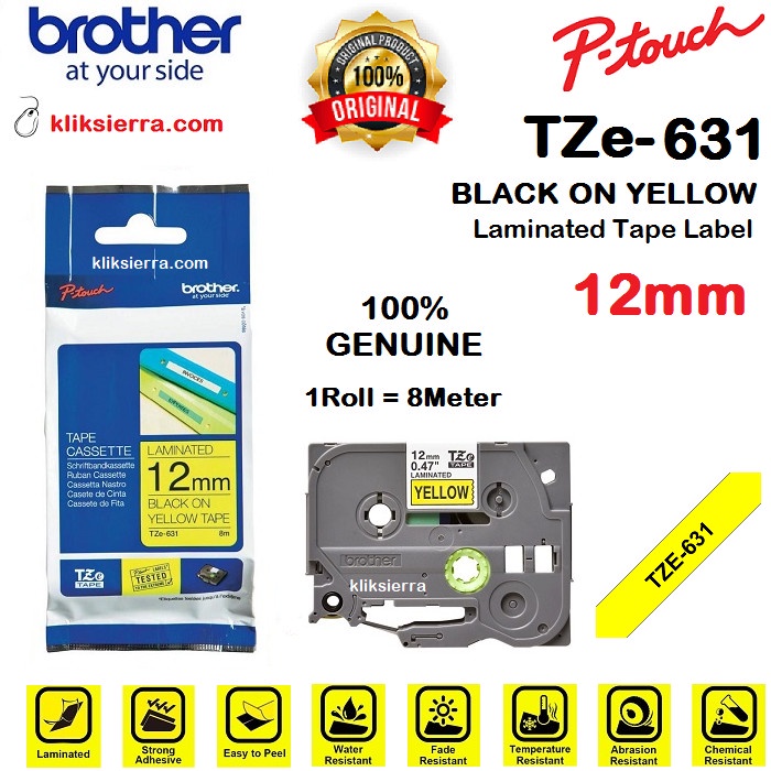 BROTHER TZe-631 12mm PTouch Tape Label TZe631 Black on Yellow
