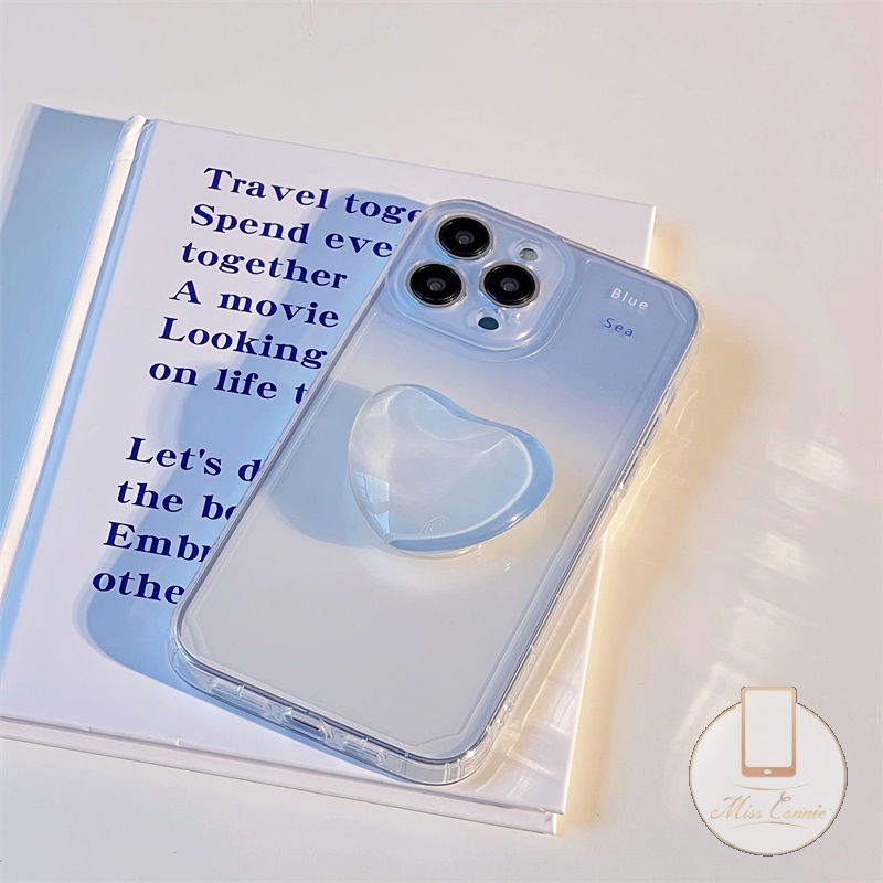Soft Case TPU Transparan Gradasi Biru + Ring Holder Untuk IPhone 7 8 6 6S Plus 11 13 12 Pro MAX XR X XS MAX SE 2020