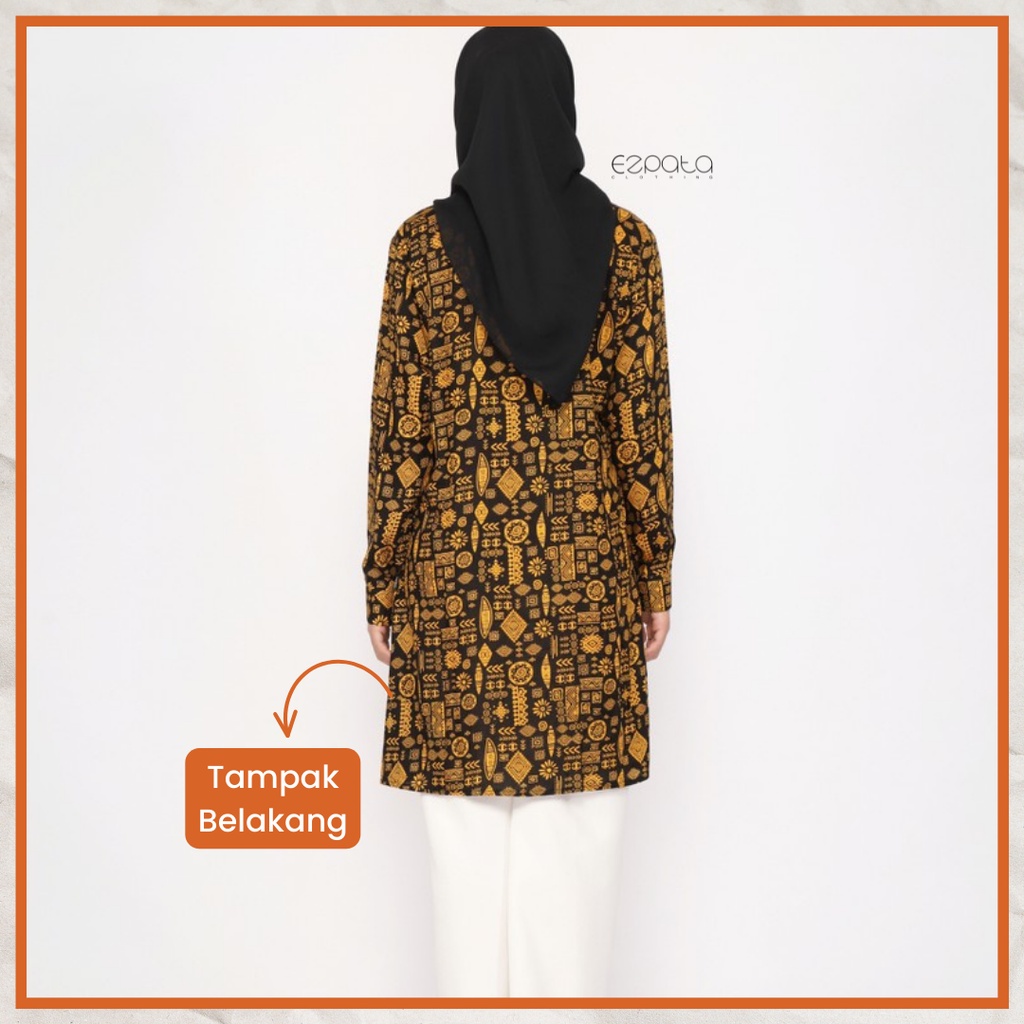 Ezpata Atasan Kemeja Tunik Rayon Premium Motif Etnik Kekinian Lengan Panjang Penutup Kancing Wudhu Busui Friendly Termurah Berkualitas