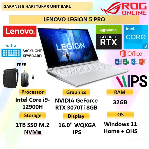 LAPTOP GAMING LENOVO LEGION 5 PRO 16 NVIDIA GEFORCE RTX3070TI VRAM 8GB INTEL CORE I9 GEN 12900H RAM 32GB 1TB SSD WINDOWS 11 HOME + OHS LAYAR 16.0"WQXGA IPS 165HZ BACKLIGHT TGP150 - LAPTOP KERJA LENOVO LEGION 5 PRO