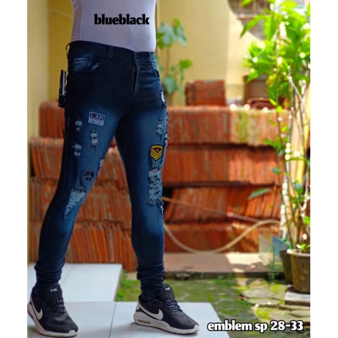 Celana jeans sobek Emblem JINS LEPIS  pria Robek lutut ripped Sobek Bordir Panjang