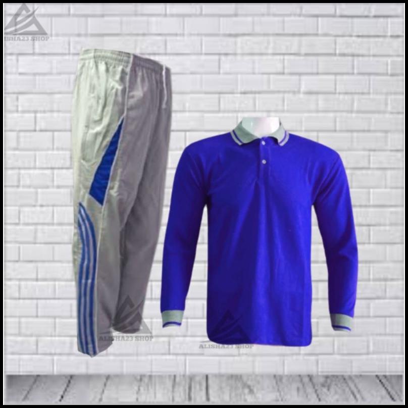 Setelan Kaos Kerah Abu Lengan Panjang Pria Wanita Setelan Training Baju Kerah Tangan Panjang Polos B