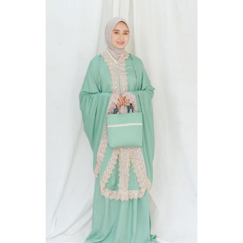 Mukena Rayon RESLETING  DUBAI 2 IN 1 Mukena Full Renda