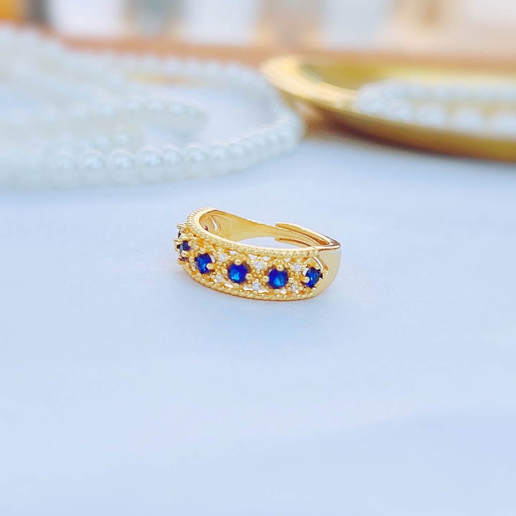 Goldkingdom Perhiasan Fashion Emas Asli Kadar 375 Bangkok Aksesoris Ready Stock Berlapis Emas Vintage Renda Kerajinan Ujung Biru Kristal Karbon Tinggi Berlian Cincin Yang Dapat Disesuaikan Untuk Wanita