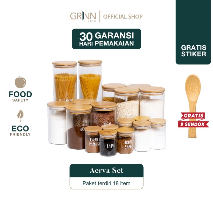 Set Lengkap* Grinn Living Aerva Set Isi 18 Neron Jar Toples Kayu