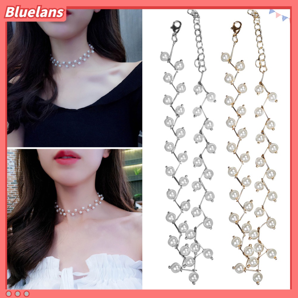 Bluelans Kalung Choker Rantai Pendek Hias Manik-Manik Mutiara Imitasi Untuk Wanita