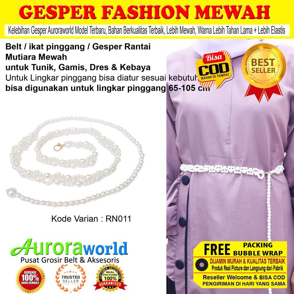 Auroraworld Belt wanita ikat pinggang mutiara Belt wanita gesper rantai mewah untuk dress gamis tunik ikat Pinggang Fashion Terbaru bisa COD RN-1B