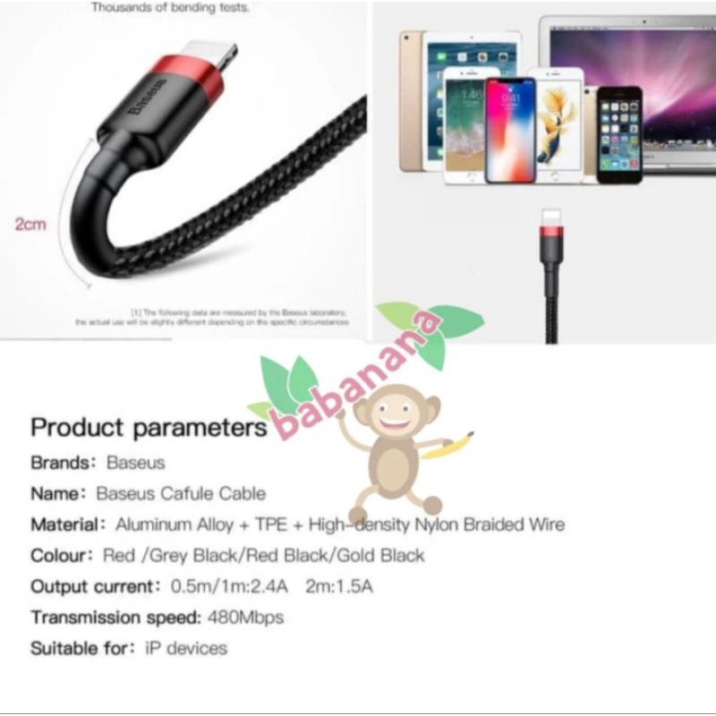 KABEL DATA IPHONE BASEUS CAFULE CABLE FOR LIGHTNING - merah 1M 2.4A