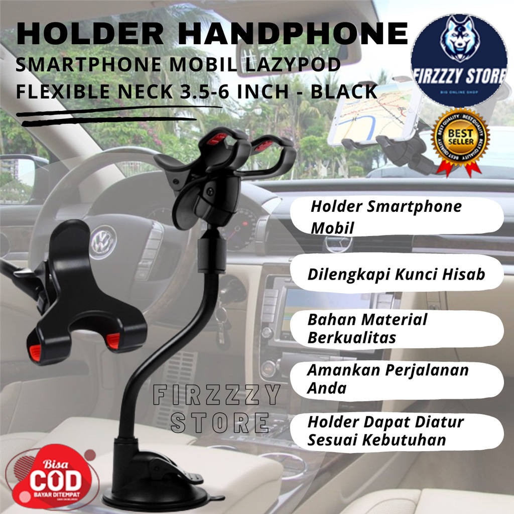 Holder Handphone Smartphone Mobil Lazypod Flexible Neck 3.5-6 Inch - Black