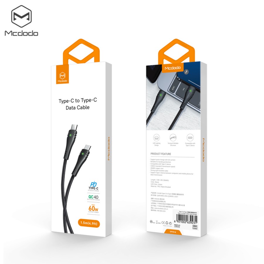 MCDODO CA6660 Cable Kabel Data LED Type C To C PD Fast Charging 60W 3A