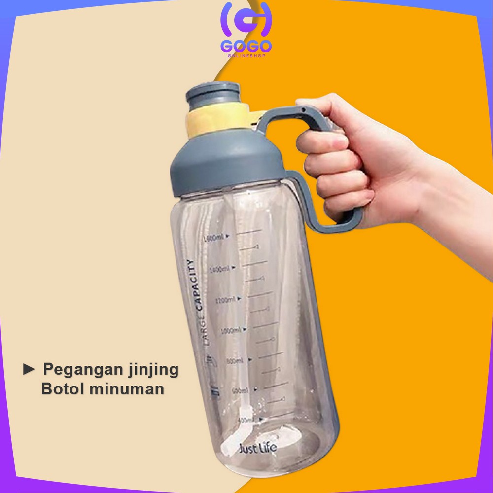 GOGO-C304 C305 Botol Minum Motivasi 2 Liter Food Grade / Botol Air Minum Jumbo 2000ml BPA FREE / Botol Minum Sedotan Dewasa