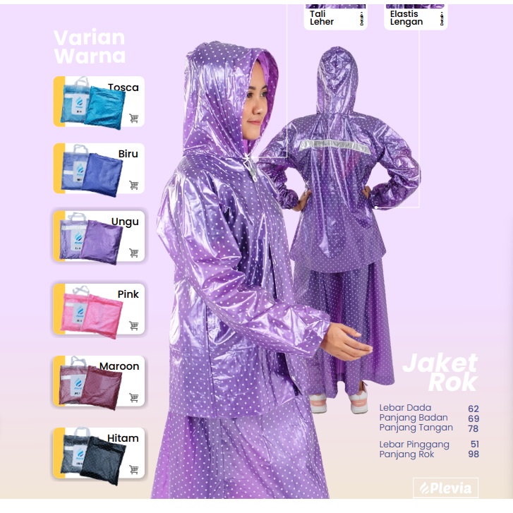 JAS HUJAN PLV JR POP | Jas ujan plevia wanita setelan Rok syar'i / atasan bawahan / Motif Polkadot /