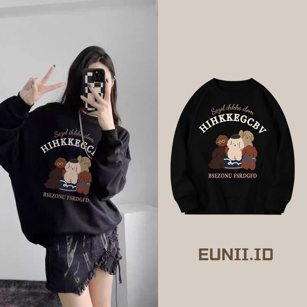 EUNII Sweater Lengan Panjang Cute Teddy Bear Korean Style/Hoodie Oversize/Baju Wanita/Switer Wanita