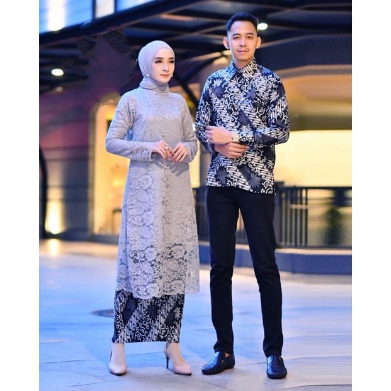 Permata Olshop / Setelan Kebaya Tunik Brukat Couple Kemeja Batik / Kebaya Couple Tunangan / Kebaya Lamaran Couple Batik / Serimbit Kebaya Modern