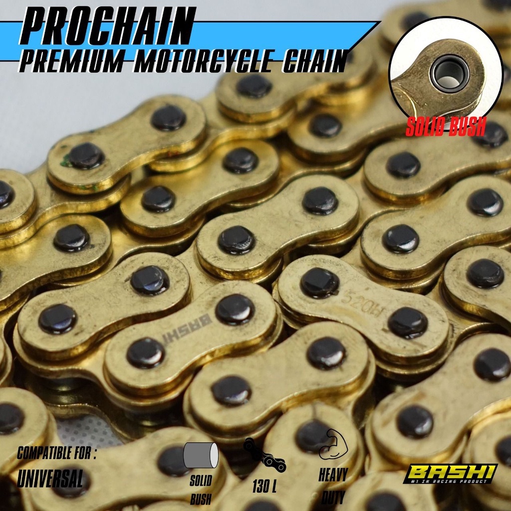 RANTAI MOTOR EMAS BASHI PROCHAIN GOLD HEAVY DUTY SOLID BUSHING 415H 428H 520H 130L HONDA YAMAHA UNIVERSAL