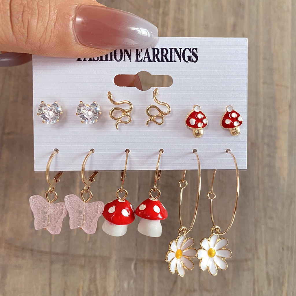 Set Anting Bentuk Jamur Bunga Ular Butterfly Mini Untuk Wanita