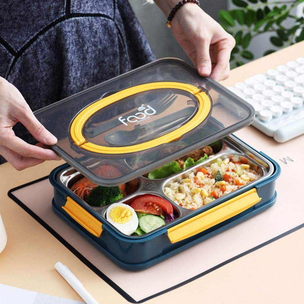 Preva Lunch Box Portable Piknik Camping Persegi Panjang Grid Untuk Anak Dengan Sendok Dengan Pegangan