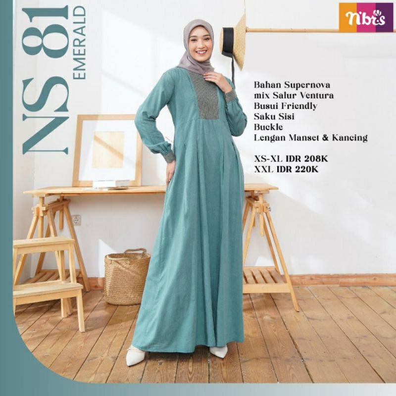 NIBRAS GAMIS MUSLIM WANITA NS 081 READY WARNA EMERALD