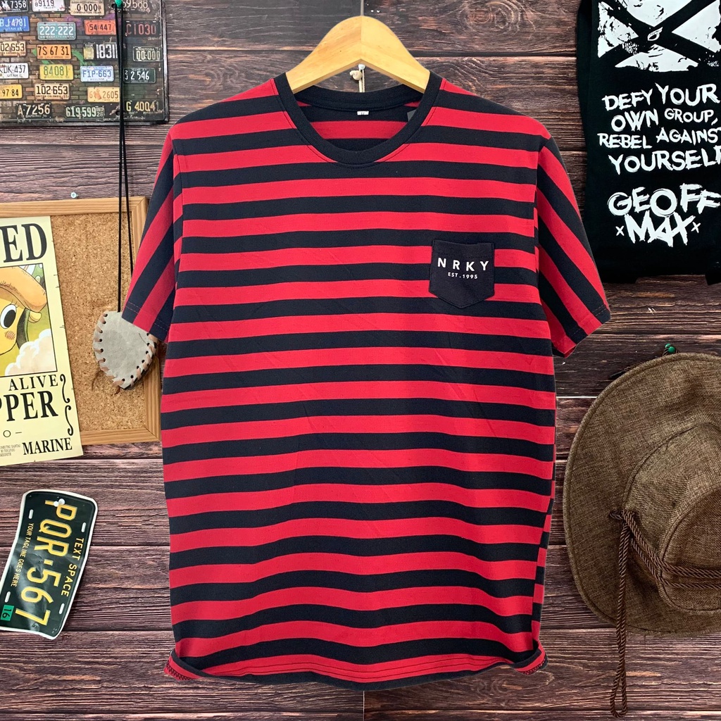 kaos distro pria NRKY POCKET SALUR RED BLACK baju kaos cowok atasan pria ready size M L XL