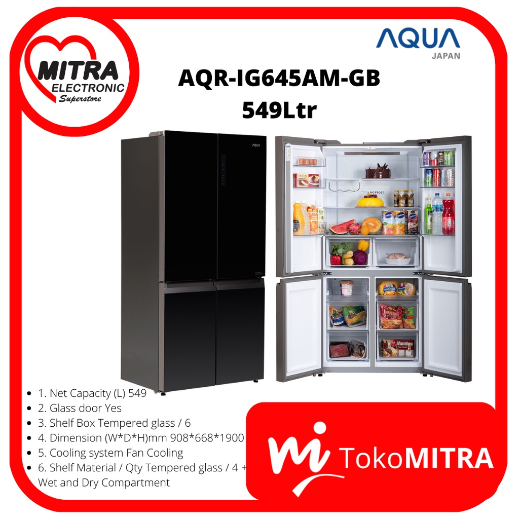 LEMARI ES SIDE BY SIDE 4 PINTU AQUA AQR-IG645AM (GB) 549LTR
