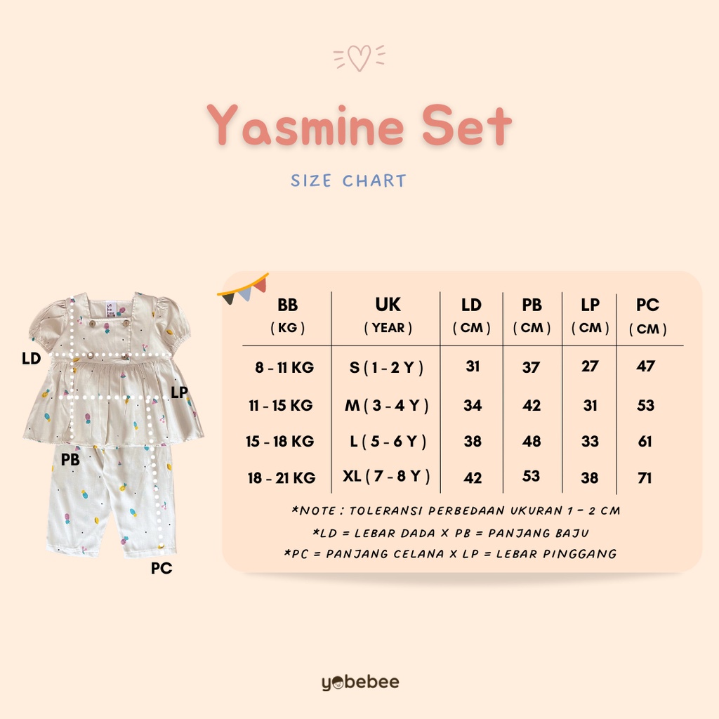 YOBEBE YASMINE SET PIYAMA ANAK PEREMPUAN USIA 1 - 8  TAHUN YOBEBE BAJU TIDUR ANAK PEREMPUAN SETELAN ANAK CEWEK