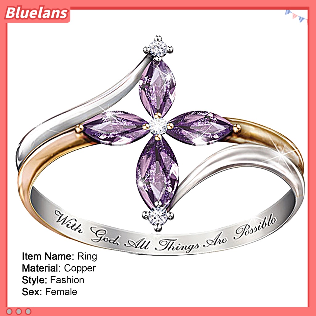 Bluelans Women Ring Dual Color Valentine Gift Copper Faux Amethyst Cross Floral Ring