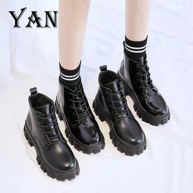 YAN Sepatu Boots Wanita Premium Quality Heel 5.5cm Sepatu Hitam Martin Kulit Terbaru