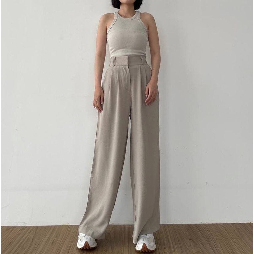 LOOSE PANTS TROUSERS WANITA PREMIUM / KULOT AIRFLOW TROUSER ANTI KUSUT Amora Loose Pants / Celana Kulot Crinkle Highwaist