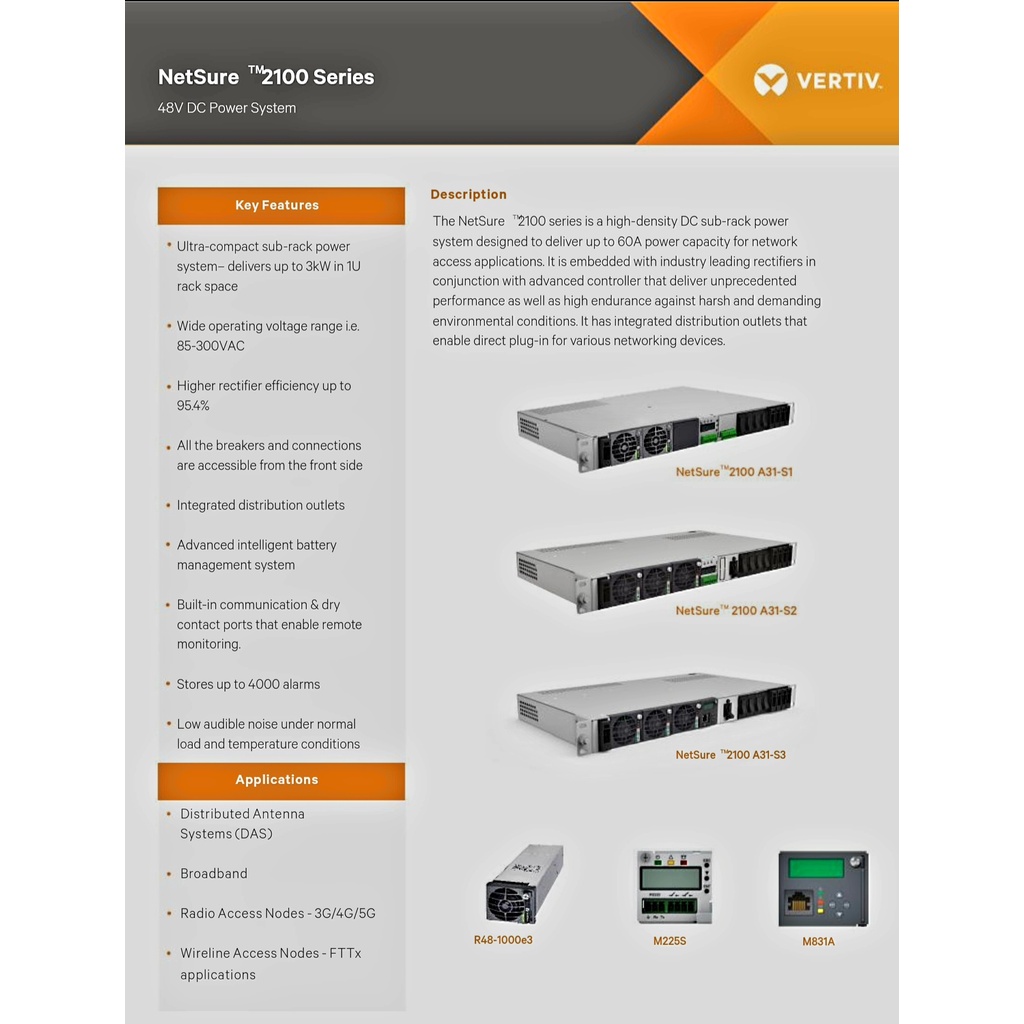 Vertiv Rectifier NetSure 2100 A31-S3 48 VDC 60A With 1 Unit Module R48-1000e3