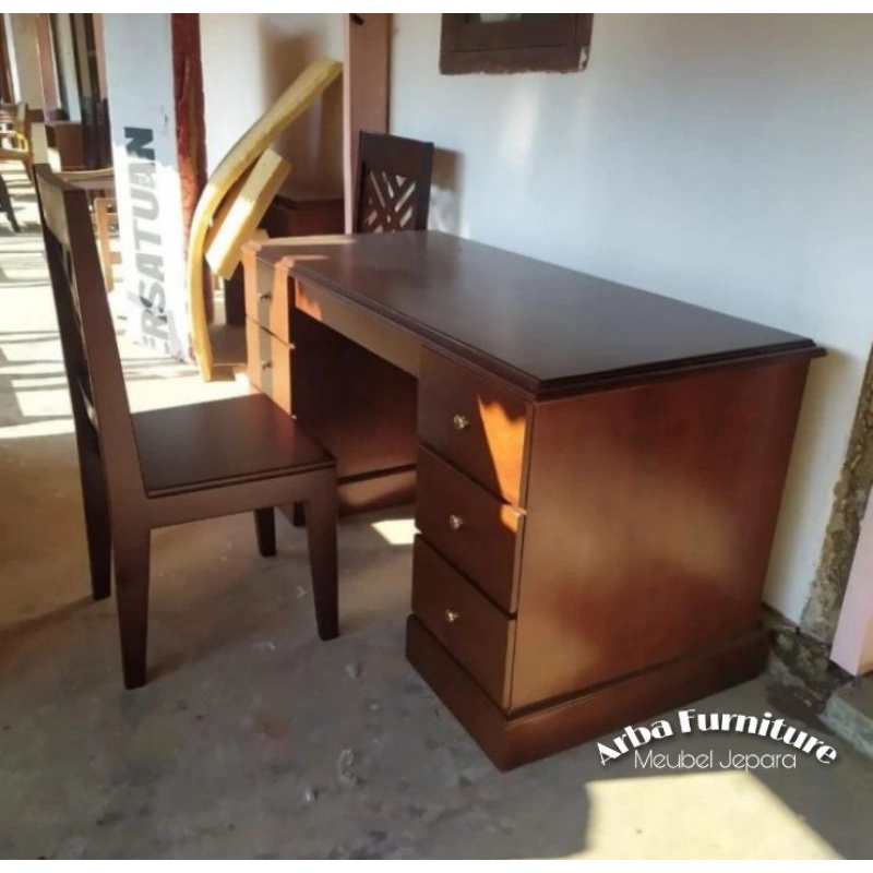 SET MEJA KERJA DAN KURSI MINIMALIS KAYU JATI