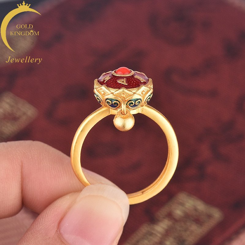 Goldkingdom Perhiasan Fashion 24K Bangkok Aksesoris Ready Stock Cincin Yang Dapat Disesuaikan Dengan Enam Karakter Jingyan Buatan Tangan Enamel Berwarna Membakar Transshipment Biru