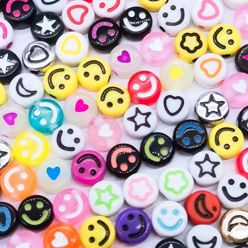 100pcs Manikmanik Akrilik Bentuk Bintanghati Motif Smiley Face Warnawarni Ukuran 6mm