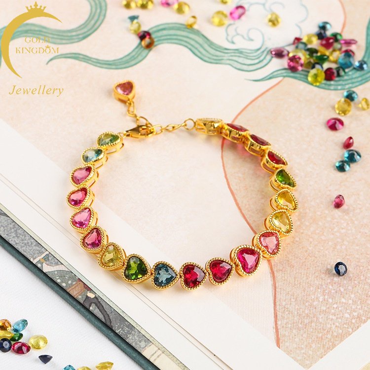 Goldkingdom Perhiasan Fashion 24K Bangkok Aksesoris Ready Stock Mewah Berbentuk Cinta Drop Pear Shaped Bracelet Lapis Emas Asli Kadar 375 18karat Gelang Permata Warna-Warni