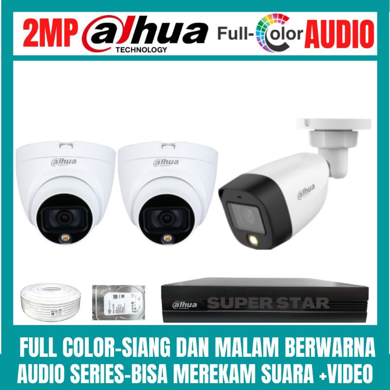 PAKET CCTV DAHUA COLORVU 2MP 4 CHANNEL 3 KAMERA AUDIO SERIES+SIANG MALAM BERWARNA