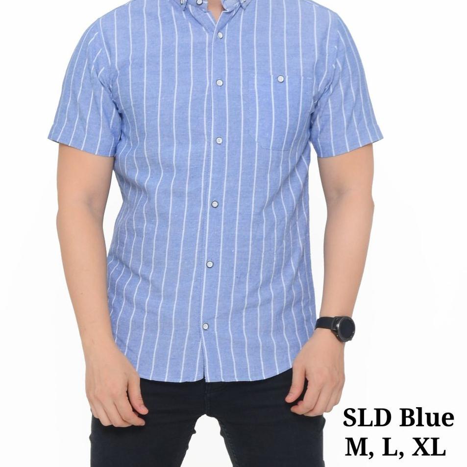 High Quality--kemeja pria cowok lengan pendek motif garis putih warna biru denim pink slimfit murah