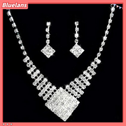 Bluelans Lady White Gold Plated Rhinestone Bridal Wedding Pendant Necklace Earrings Set