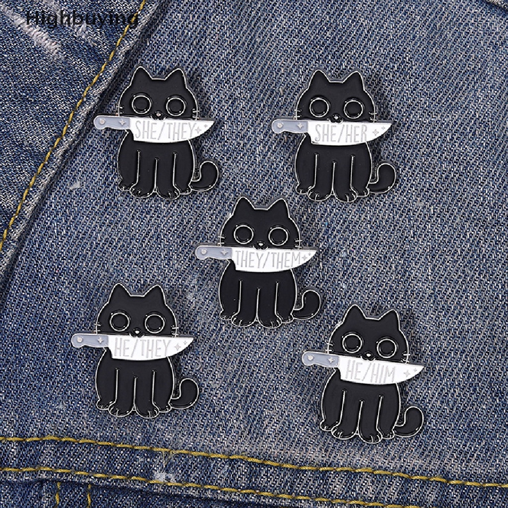 Bros Pin Enamel Bentuk Kucing Hitam She Her He Him They Them Untuk Hadiah Teman Glory