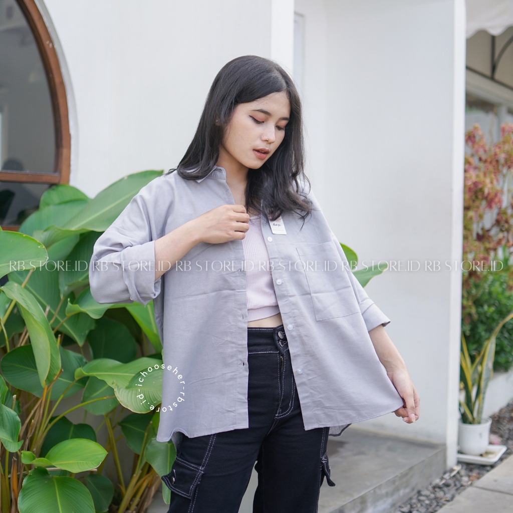 Kemeja Wanita Linen Oversize Olivia Shirt Linen Pocket-OLIVIA GREY