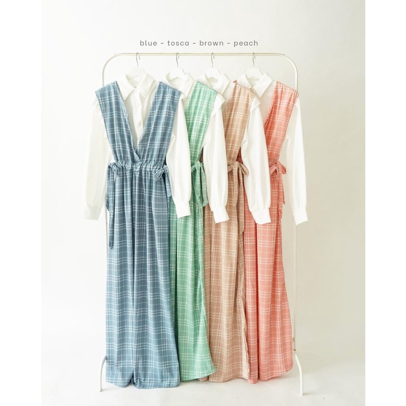 Maxi Dress Pastel Motif Kotak-Kotak | Dress Wanita Pinggang Tali