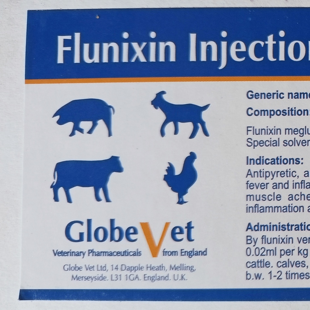 FLUNIXIN Injeksi 5% 100ml | obat hewan bengkak pincang obat Analgesik obat Anti Nyeri Anti Piretik obat anti meriang Anti Inflamasi anti Radang, Anti Racun | GLOBE VET