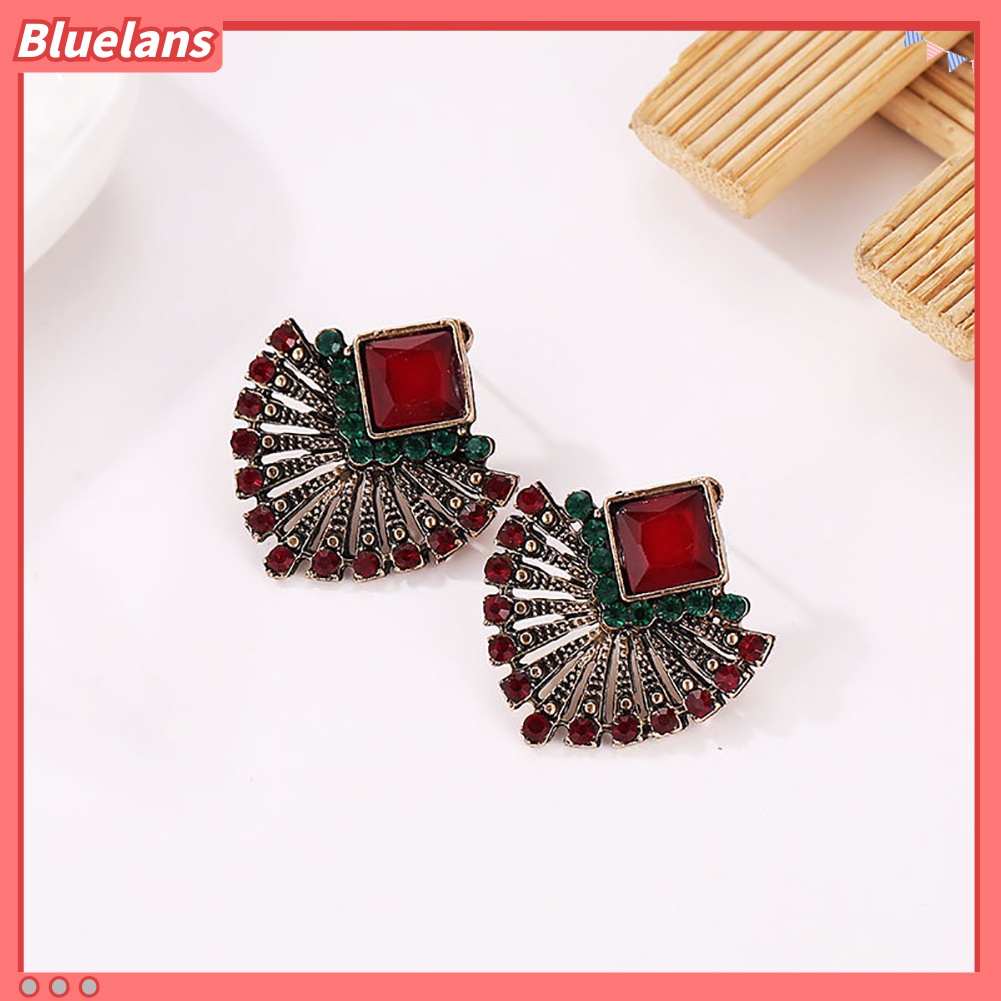 Anting Stud Bentuk Kipas Aksen Berlian Imitasi Gaya Vintage Etnik Bohemian Untuk Wanita